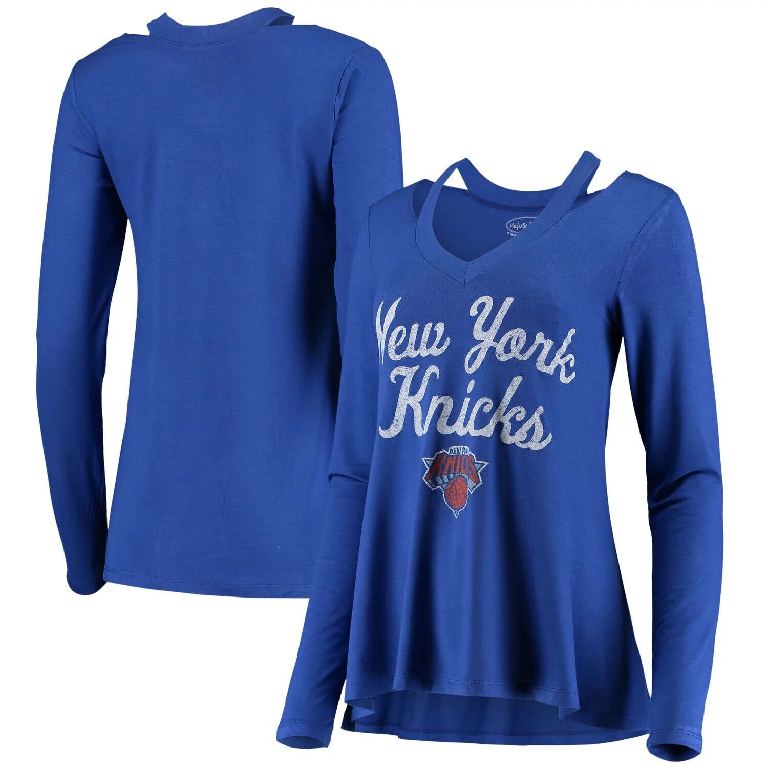 

Женская синяя футболка Majestic Threads New York Knicks с V-образным вырезом и длинными рукавами Majestic