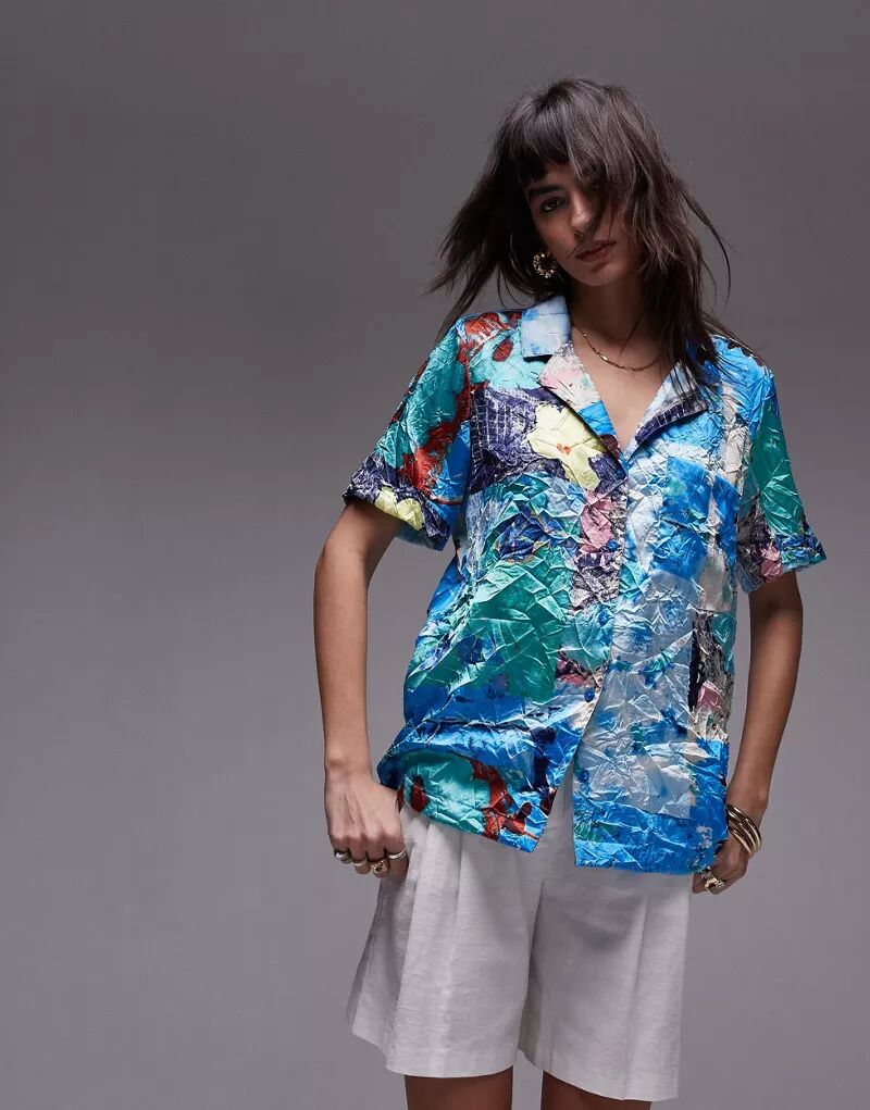 цена Рубашка оверсайз Topshop с разноцветным курортным принтом