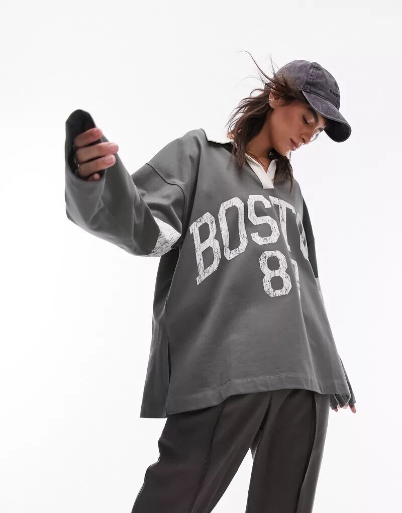 

Объемная футболка-поло цвета хаки с изображением Boston 87 Topshop