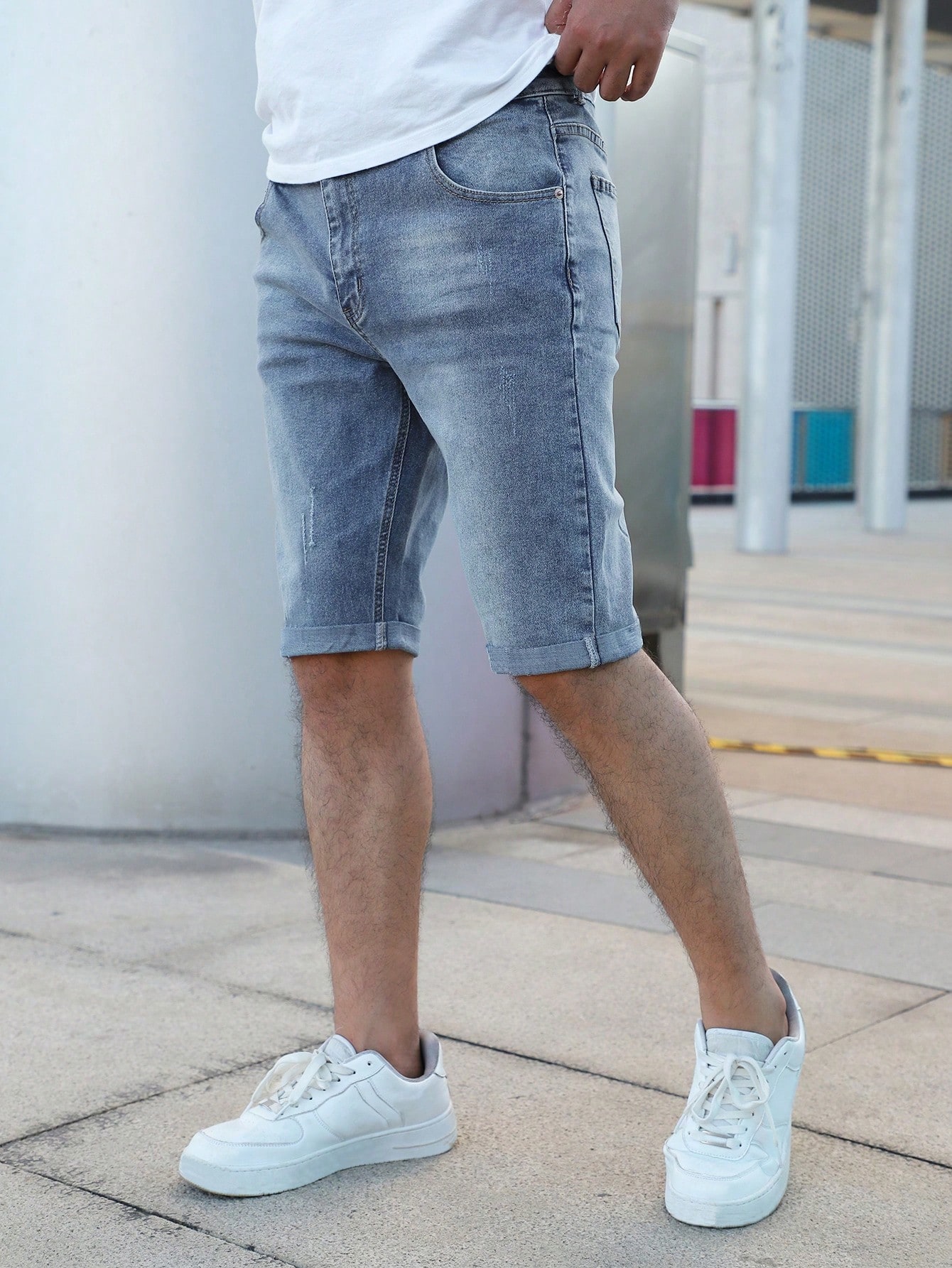 Мужские джинсовые шорты с диагональными карманами, легкая стирка джинсовые шорты с цветочным принтом легкая стирка