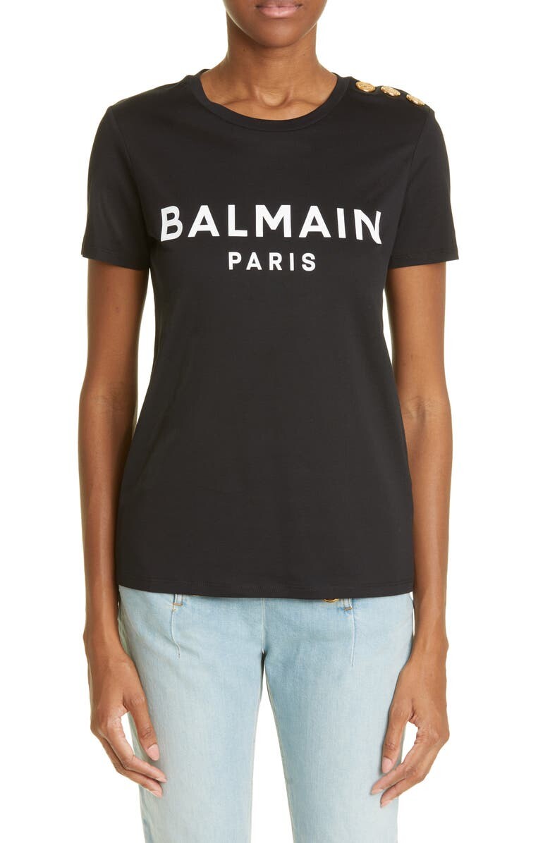 

Хлопковая футболка с логотипом и пуговицами на плечах BALMAIN, черно-белый
