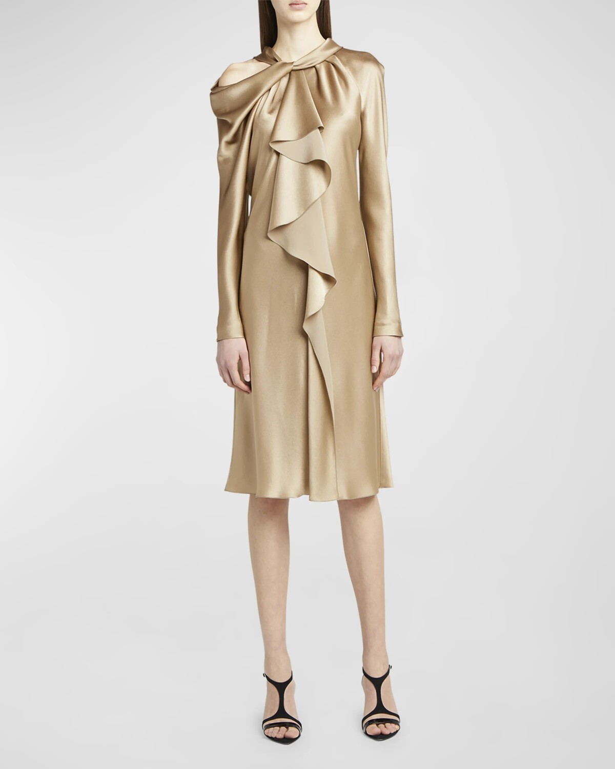 

Атласное платье с длинными рукавами и драпировкой Alberta Ferretti, цвет Beige