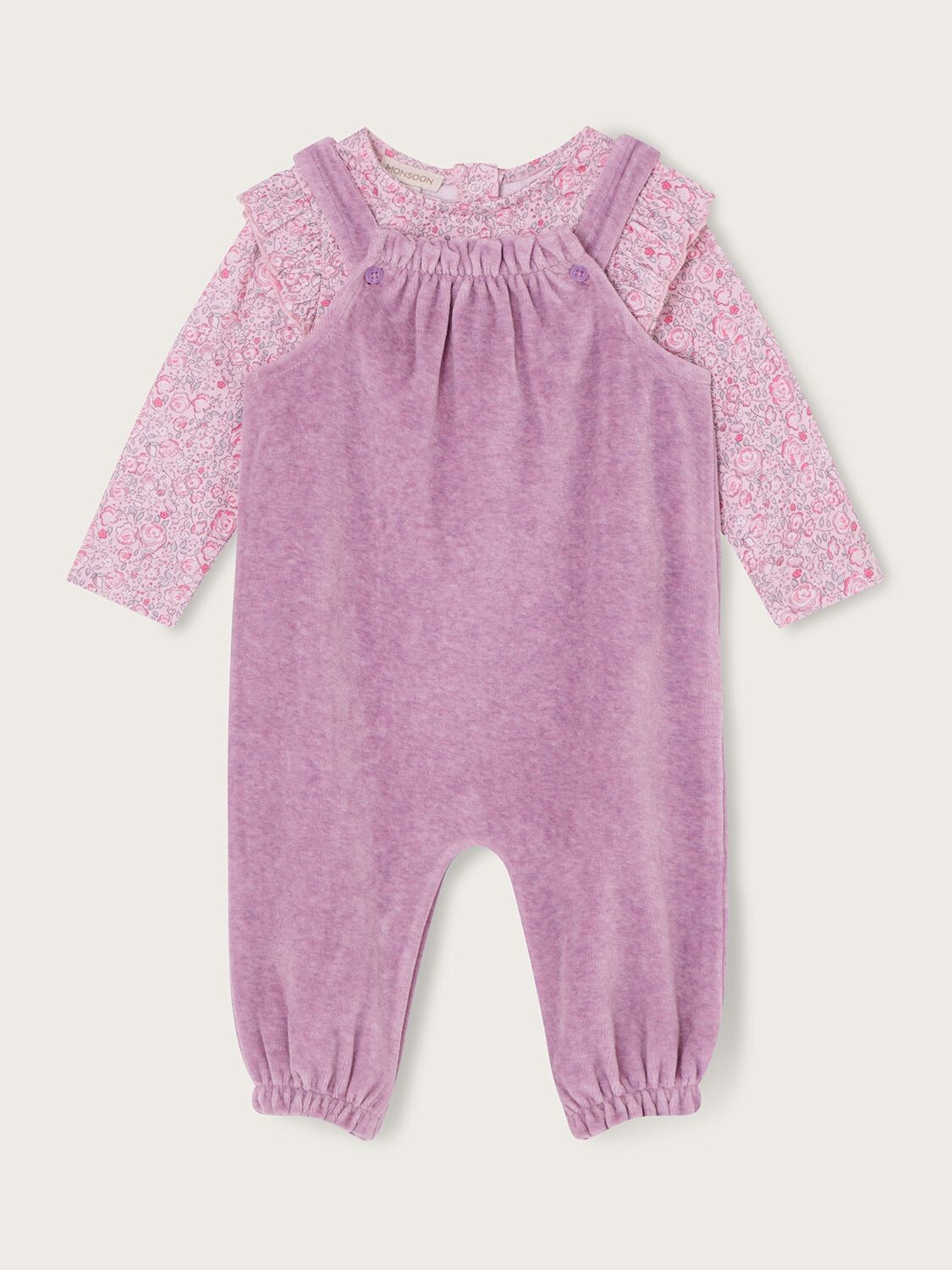 

Комплект из топа с принтом Baby Ditsy и велюрового комбинезона Monsoon, сирень