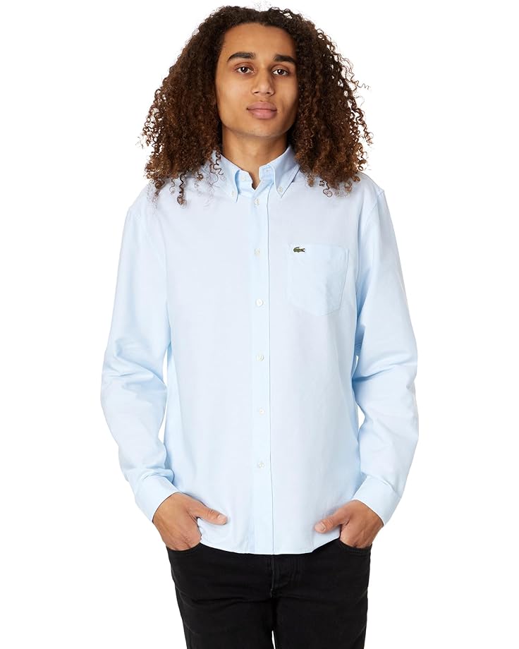 Рубашка Lacoste Long Sleeve Regular Fit Oxford Button-Down, цвет White/Overview new mens long sleeve oxford plaid striped casual shirt front patch chest pocket regular fit button down collar thick work shirts