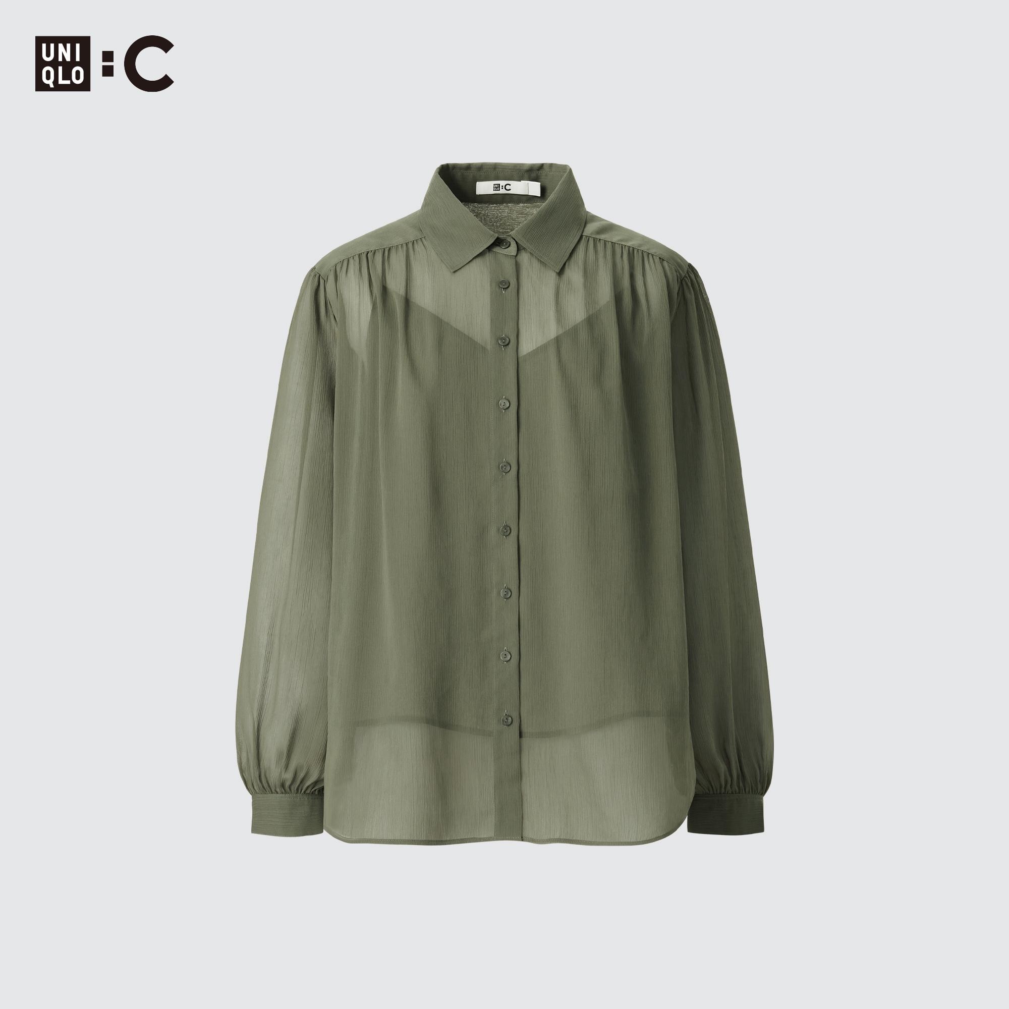Блузка UNIQLO прозрачная с длинными рукавами, оливковый блузка uniqlo cotton volume оливковый