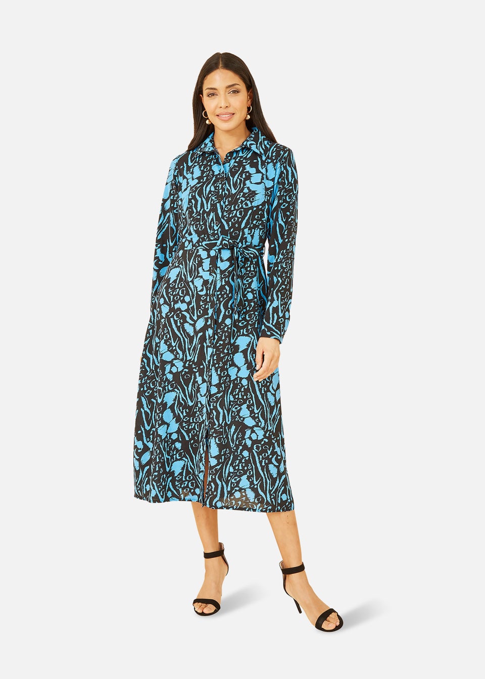 Mela Синее платье-рубашка миди с длинными рукавами с животным принтом Apple