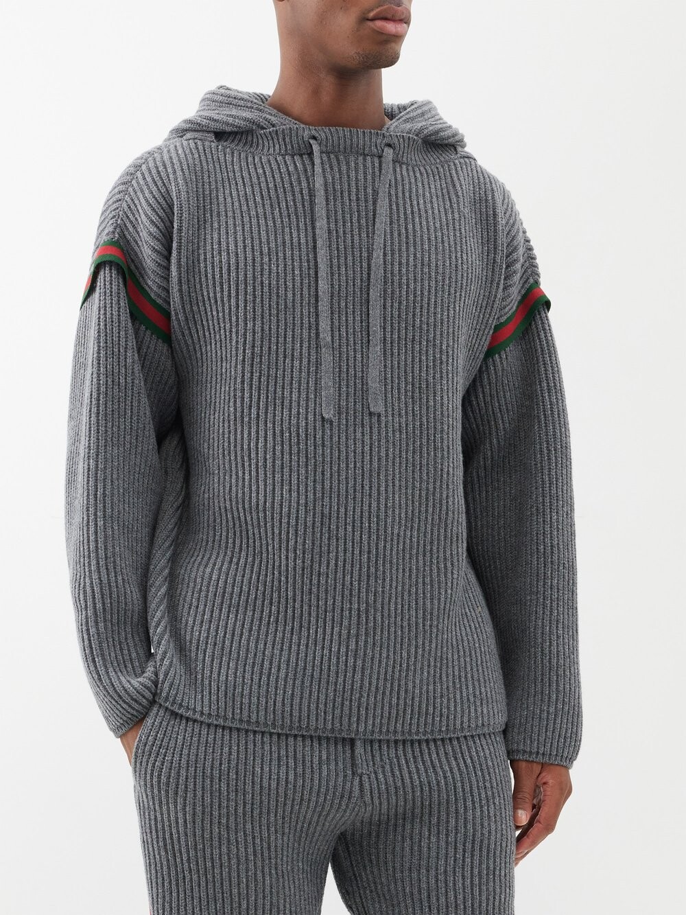 

Трикотажное худи из смесовой шерсти с веб-полосками Gucci, серый