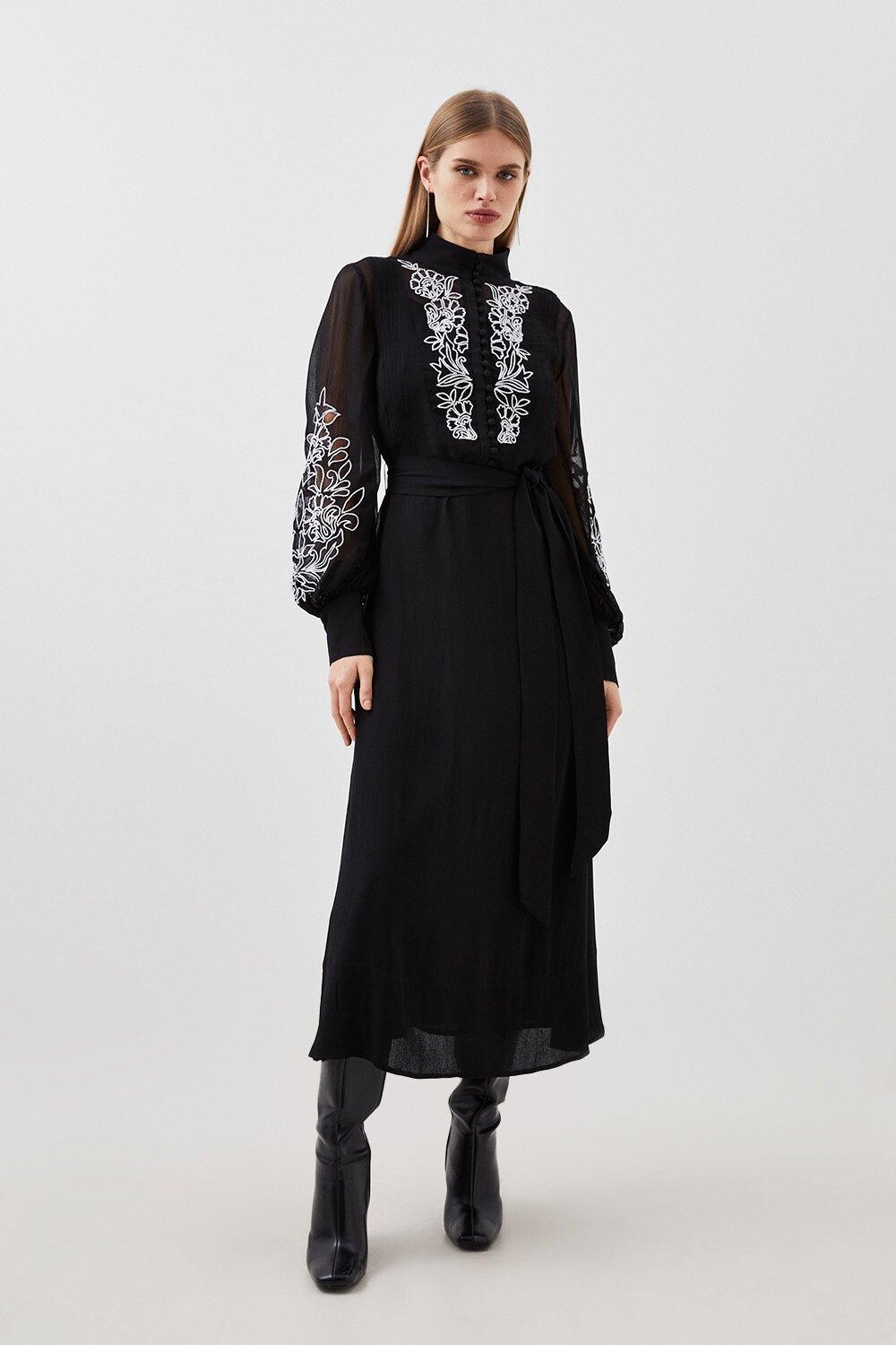 

Тканое платье макси с миниатюрной вышивкой и нагрудником Karen Millen, черный