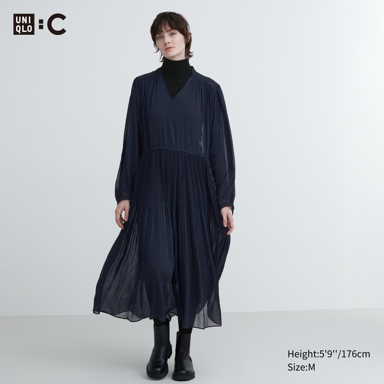

Шифоновое плиссированное платье с длинными рукавами Uniqlo, темно-синий