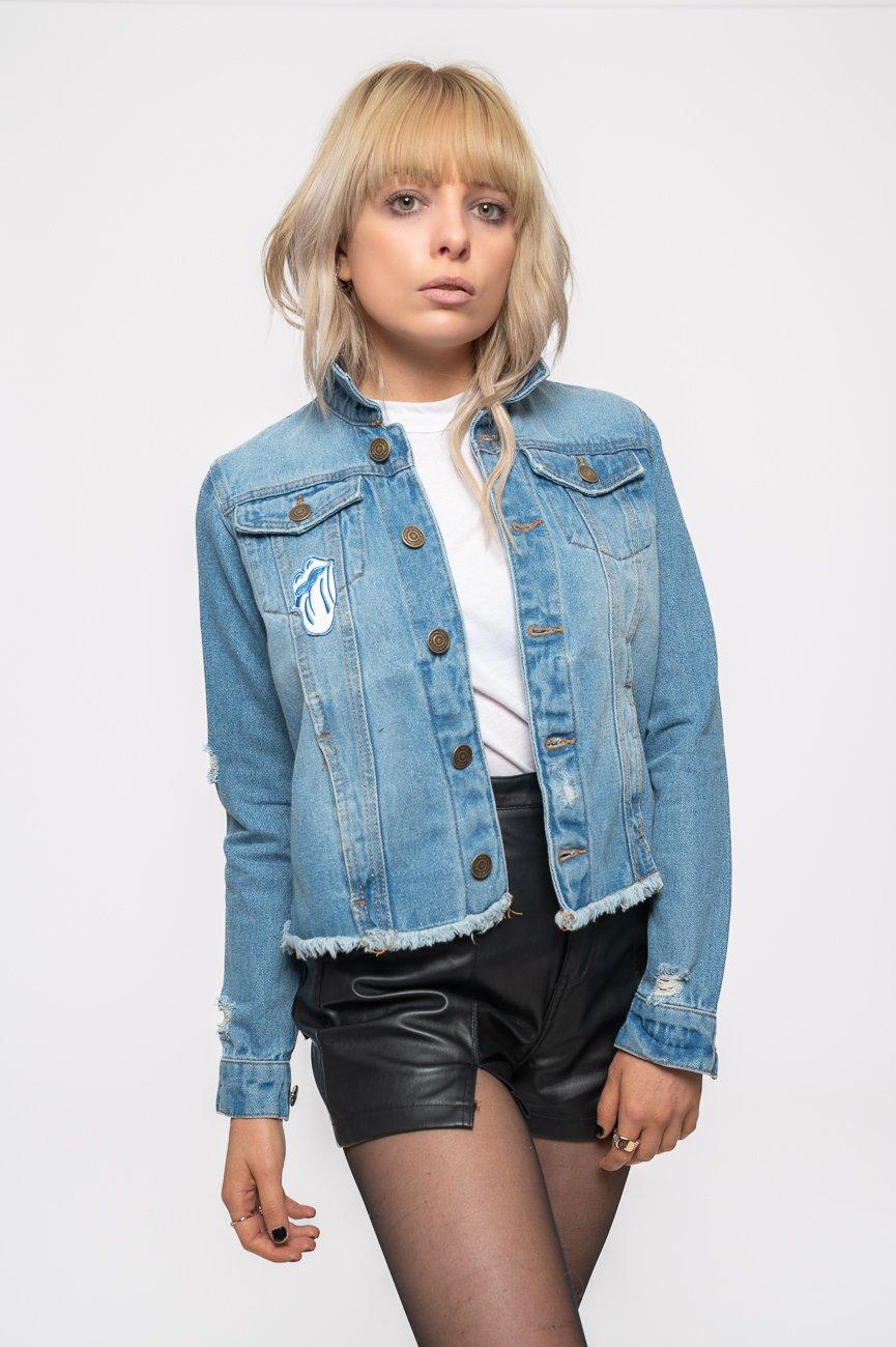 Джинсовая куртка с логотипом Script Band Rolling Stones, синий пикантная укороченная джинсовая куртка с открытой спиной и цепочками женская модная короткая джинсовая куртка с дырками и кисточками