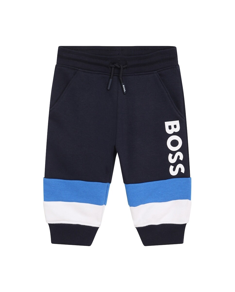 

Спортивные штаны для мальчика с кулиской и логотипом на штанине BOSS Kidswear, темно-синий