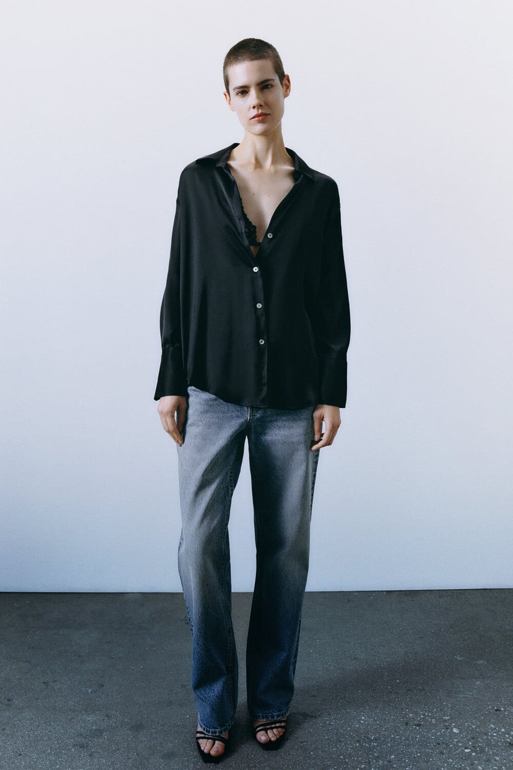 

Атласная рубашка ZARA, черный