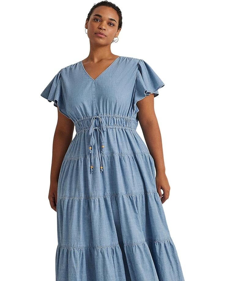 

Платье LAUREN Ralph Lauren Plus-Size Chambray Tiered Maxidress, цвет Isla Wash