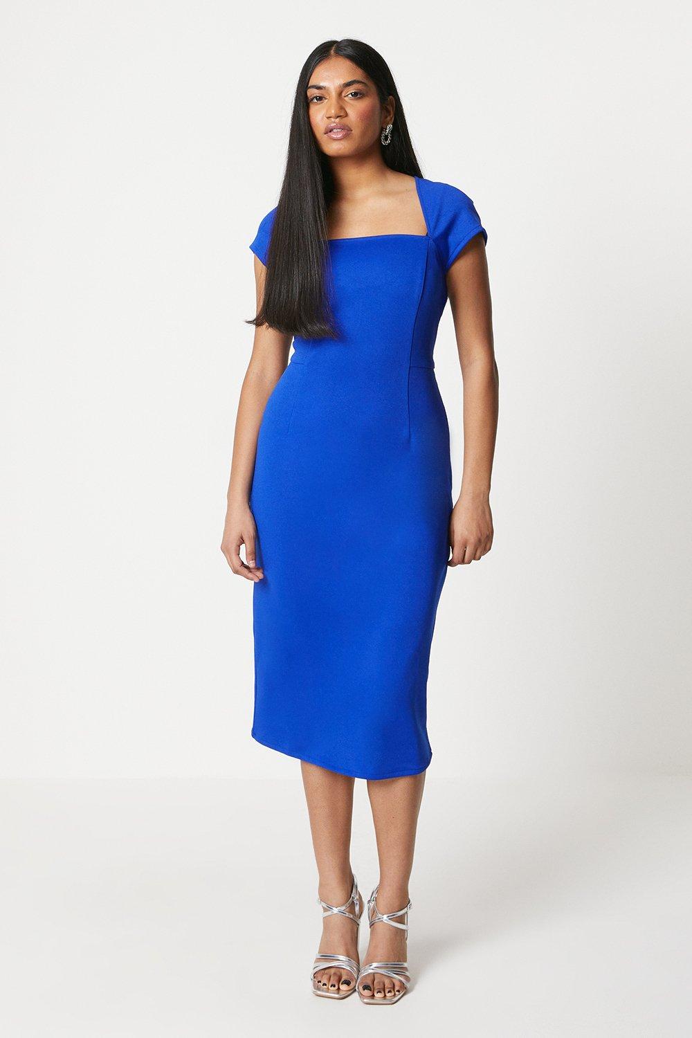 Платье миди из крепа с квадратным вырезом Petite Scuba Wallis, синий цена и фото
