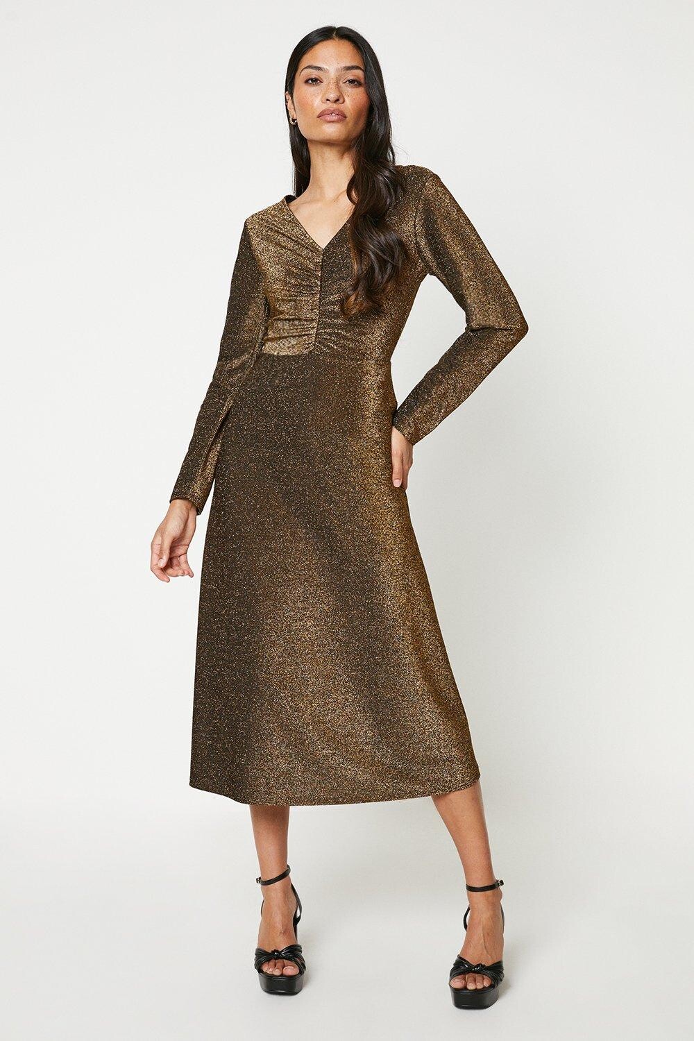 

Платье миди с блестящими складками Dorothy Perkins, золото, Желтый