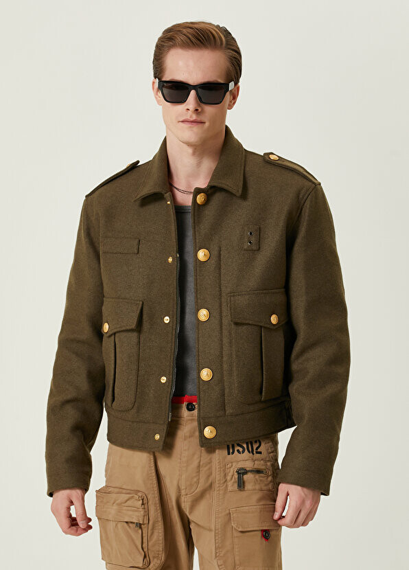 

Шерстяное пальто цвета хаки с эполетами Dsquared2