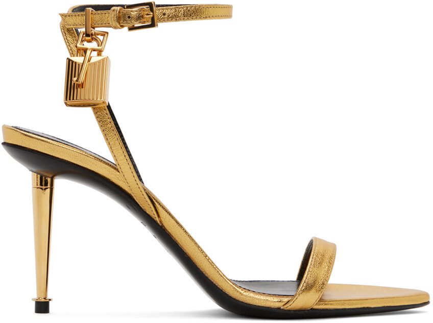 

Золотые босоножки на каблуке с острым носком и замком Tom Ford, цвет Gold