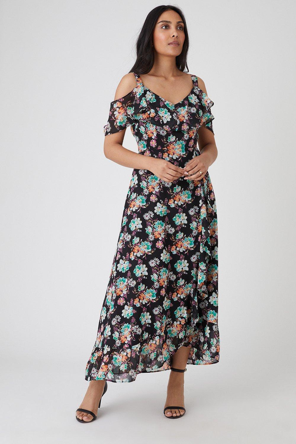 Миниатюрное платье миди с открытыми плечами и цветочным принтом Wallis, черный женское летнее длинное платье с открытыми плечами и цветочным принтом