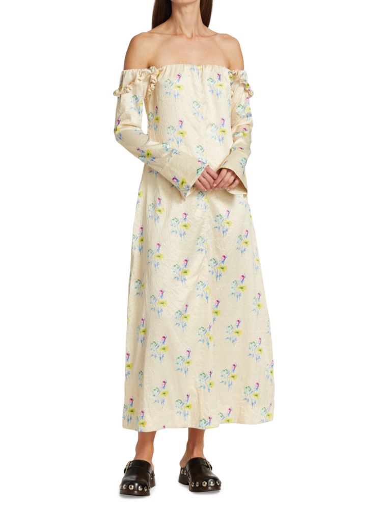 цена Атласное платье-миди с цветочным принтом Ganni, цвет Cream Multi