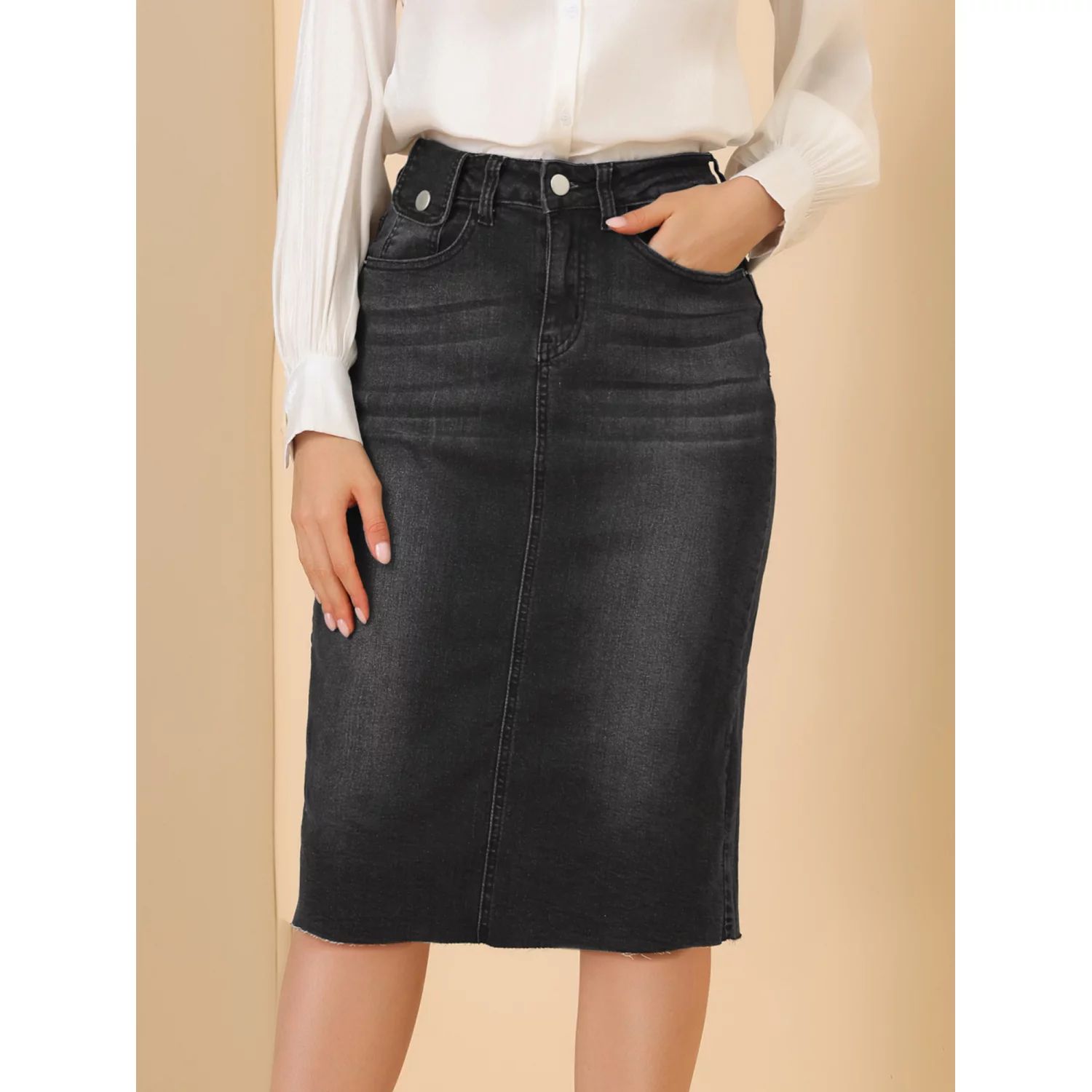 Женская однотонная джинсовая юбка с завышенной талией, джинсовые юбки средней длины с разрезом на спине ALLEGRA K, черный женские юбки средней длины с разрезом и завышенной талией