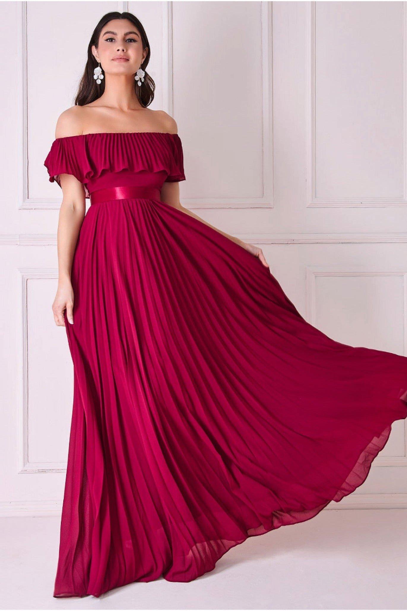Плиссированное шифоновое платье макси с открытыми плечами Goddiva, красный