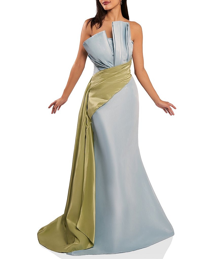 Terani Couture Двухцветное платье-русалка из тафты без бретелек с асимметричным лифом и драпировкой, синий