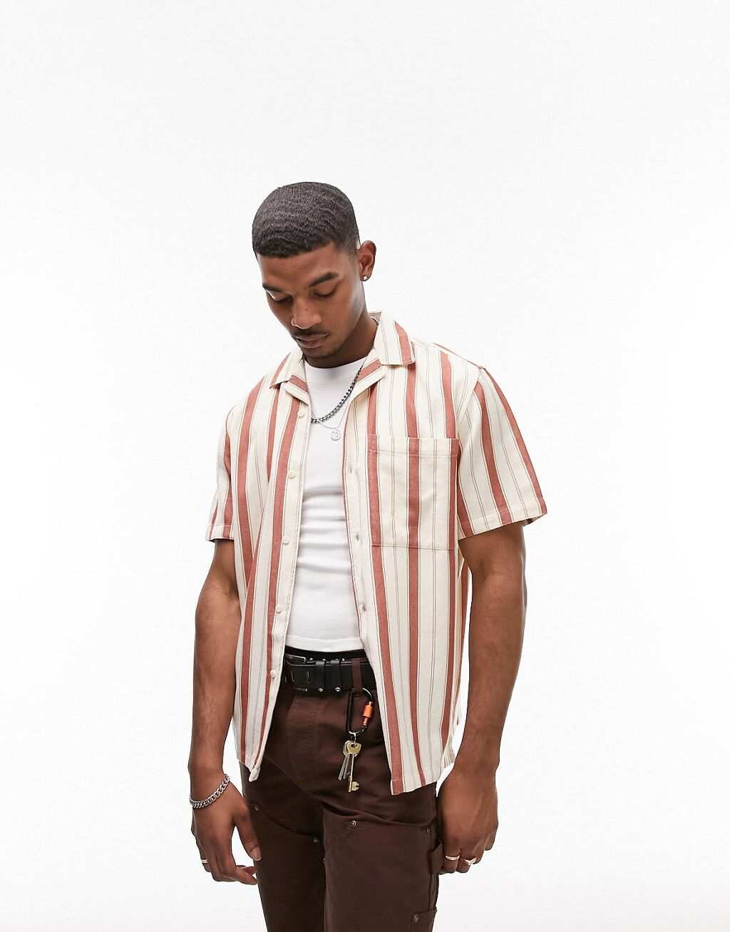 

Кремово-оранжевая полосатая рубашка с короткими рукавами Topman