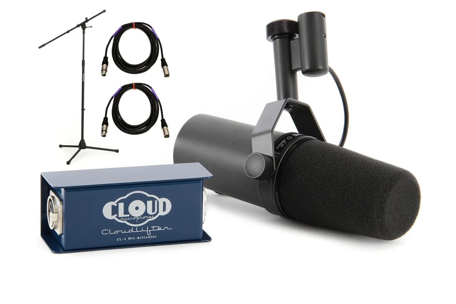 

Динамический микрофон Shure SM7B и комплект Cloudlifter CL-1 с подставкой и кабелями