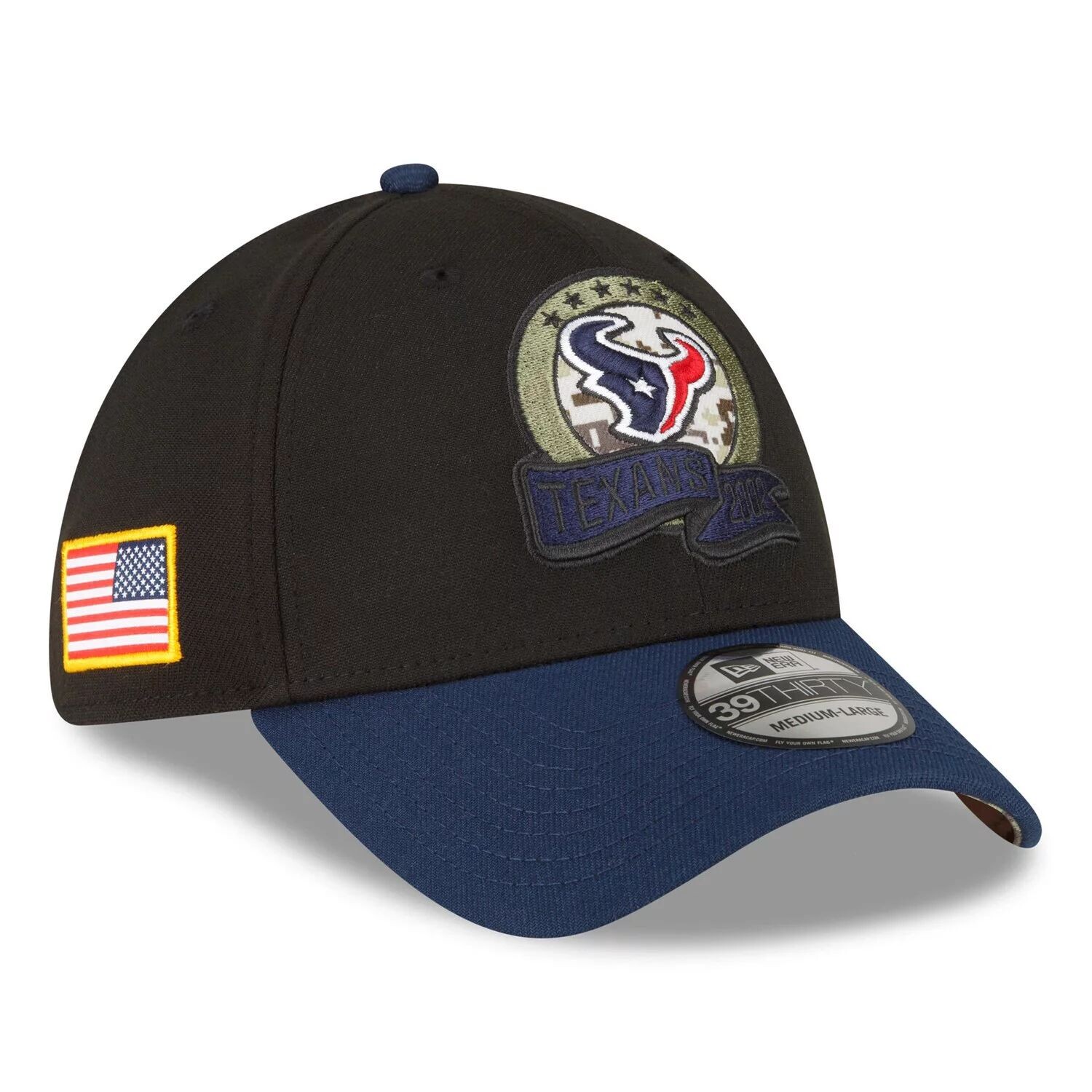 

Мужская кепка New Era черная/темно-синяя Houston Texans 2022 Salute To Service 39THIRTY Flex Hat