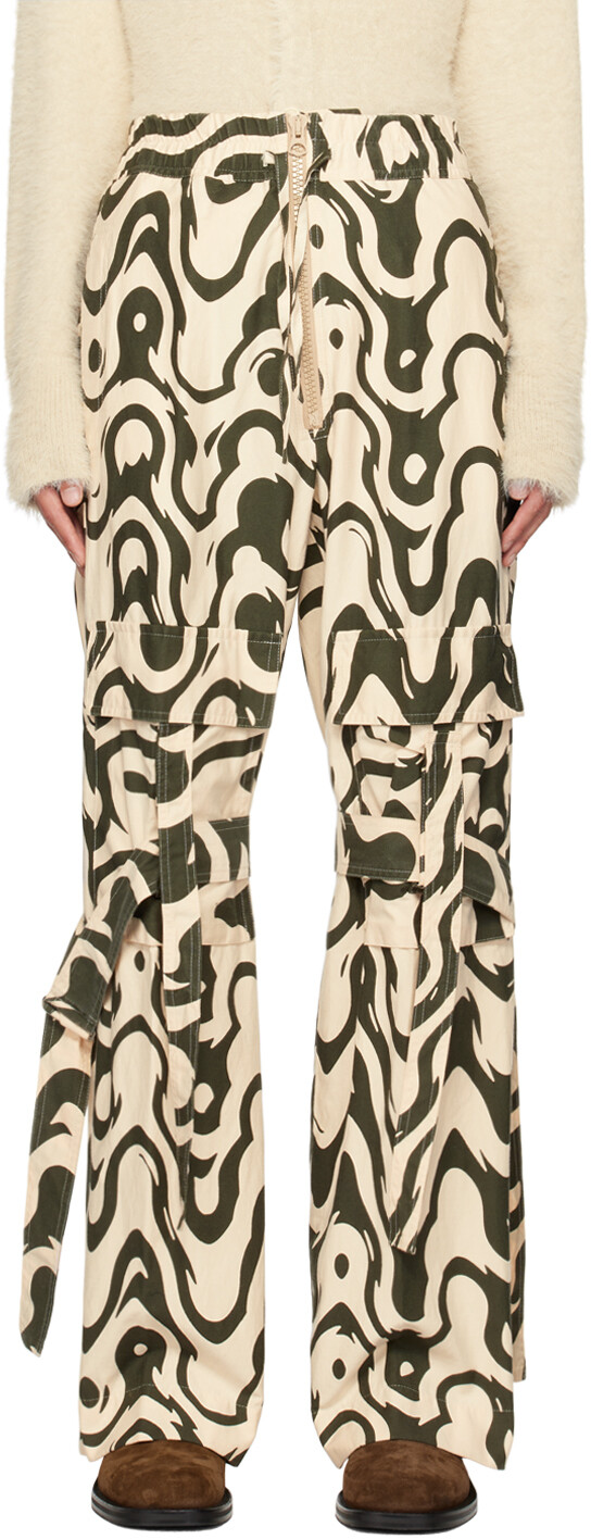 

Бежево-зеленые брюки со свободными бретелями Dries Van Noten, Зеленый