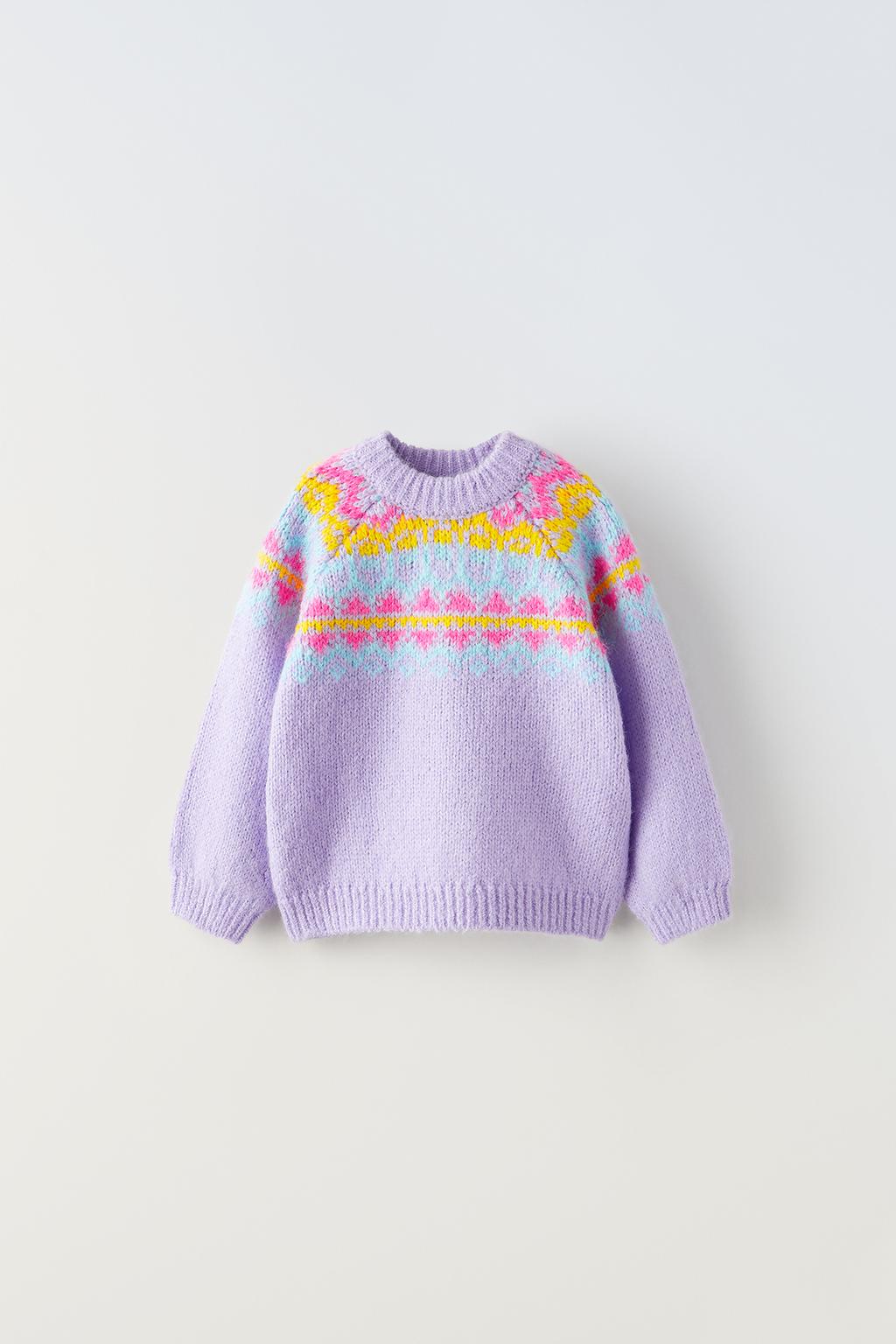 Жаккардовый трикотажный свитер ZARA, сирень женский вязаный свитер с круглым вырезом object розовый