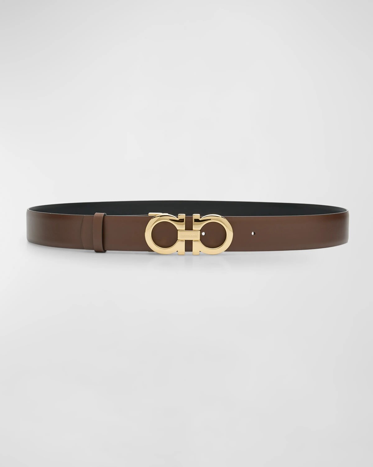 

Двусторонний коричневый ремень из кожи и латуни Gancini Ferragamo, цвет Cocoa Brown Nero