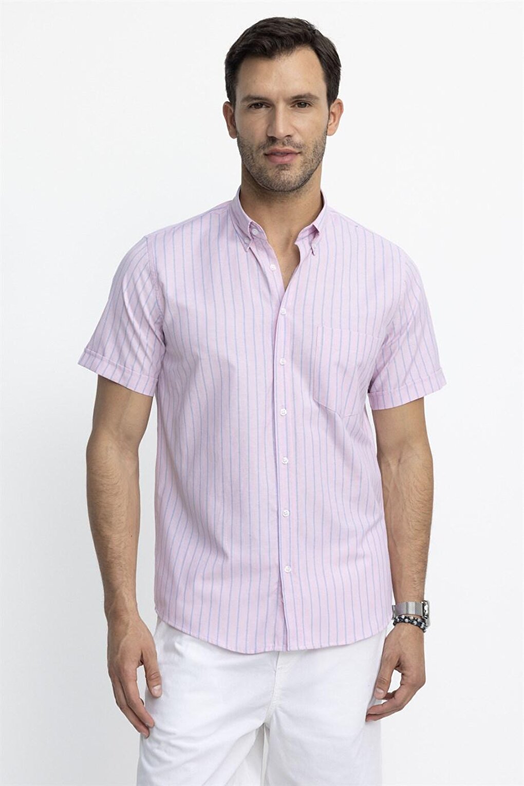 Рубашка Tudors Classic Fit с короткими рукавами и полосками из хлопка розового цвета TUDORS
