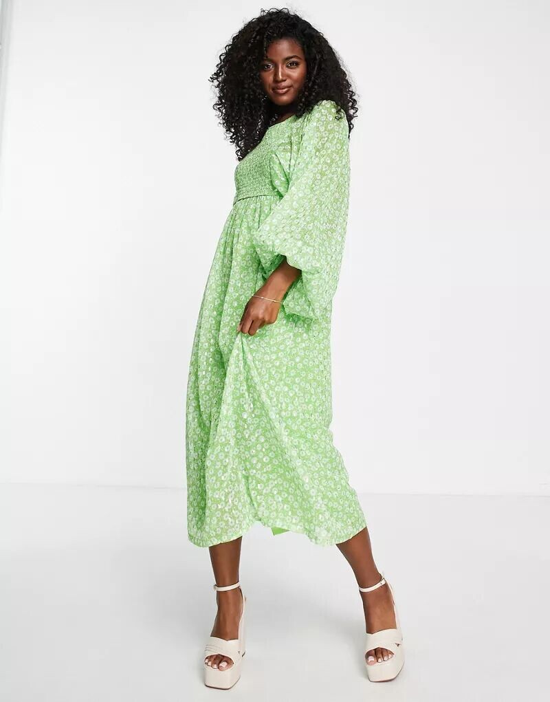 

Шифоновое платье миди с эффектом металлик Miss Selfridge, зеленое цветочное платье со сборками и объемными рукавами