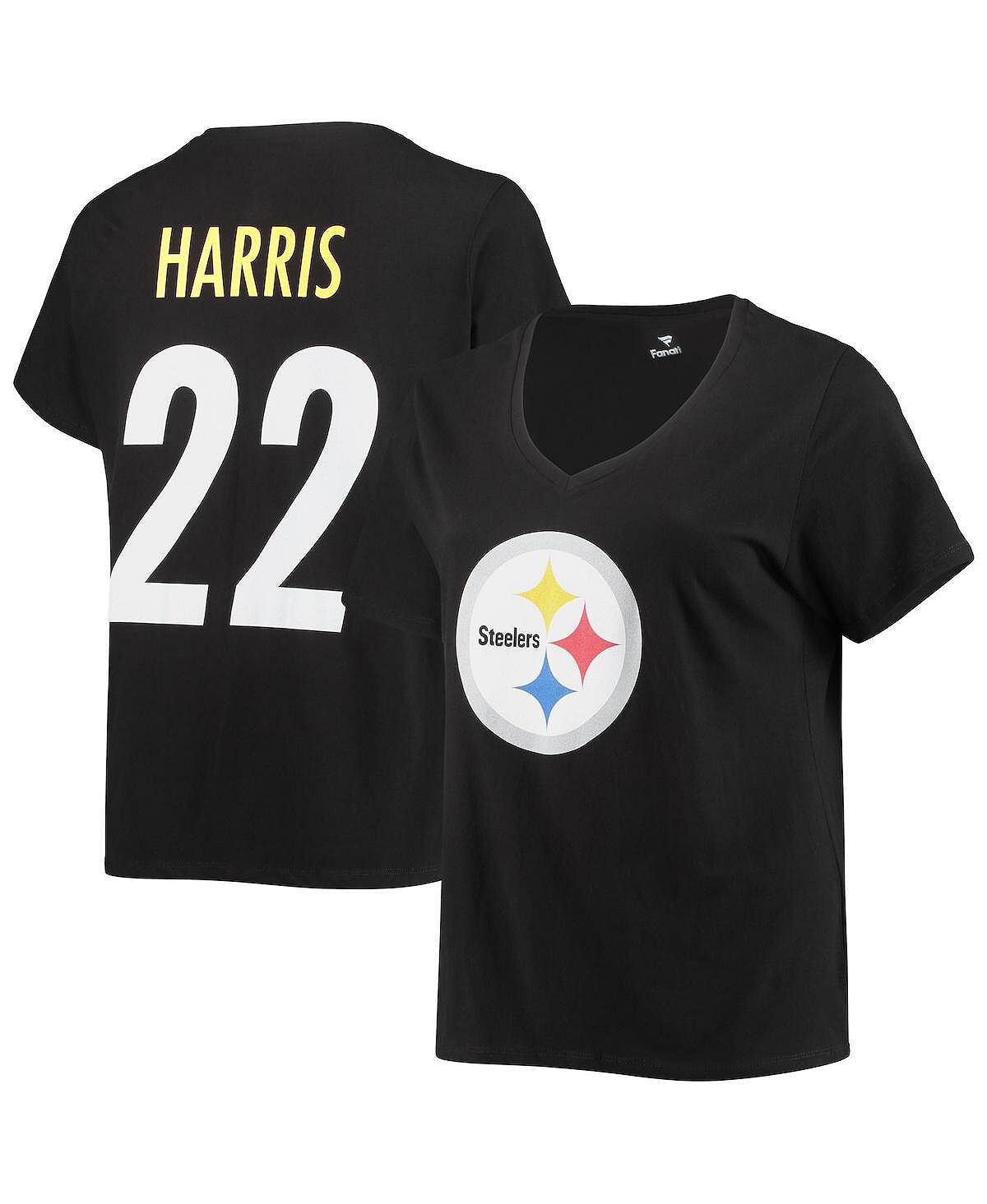 

Женская фирменная черная футболка Najee Harris Pittsburgh Steelers размера плюс с именем и номером игрока с v-образным вырезом Fanatics, черный