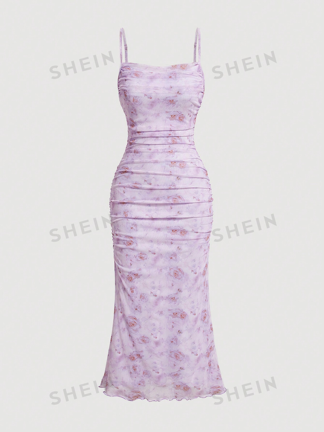 SHEIN MOD Плиссированное платье-комбинация с цветочным принтом и рюшами по подолу, сиреневый фиолетовый