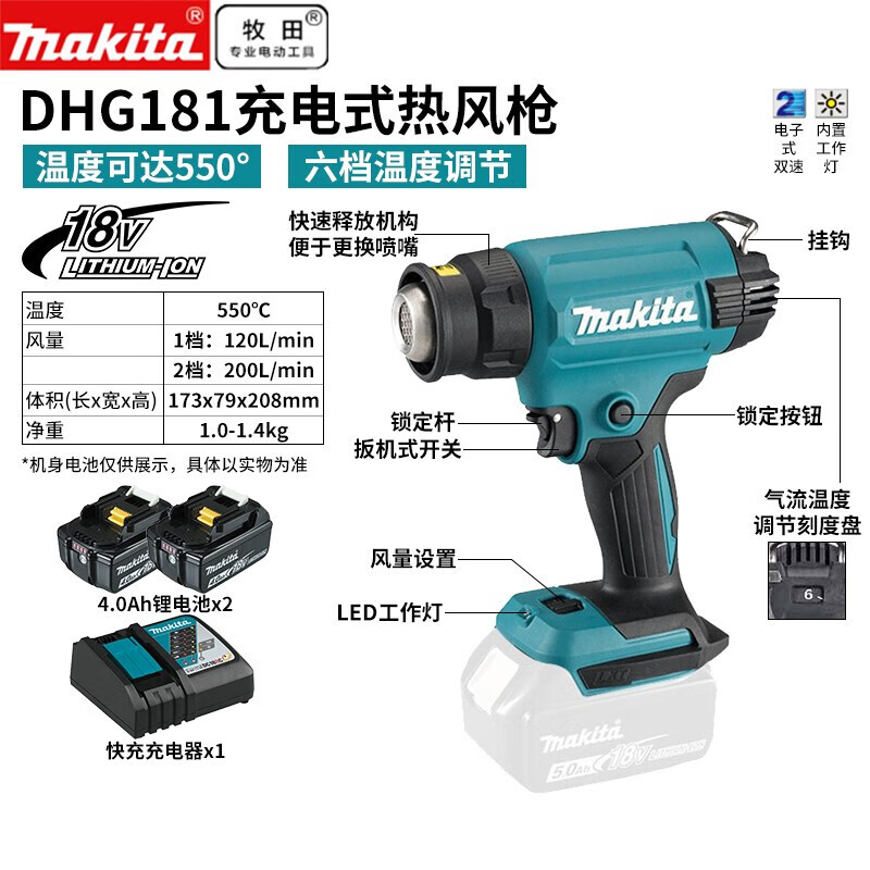 Тепловой пистолет Makita DHG181 + два аккумулятора 4.0Ah