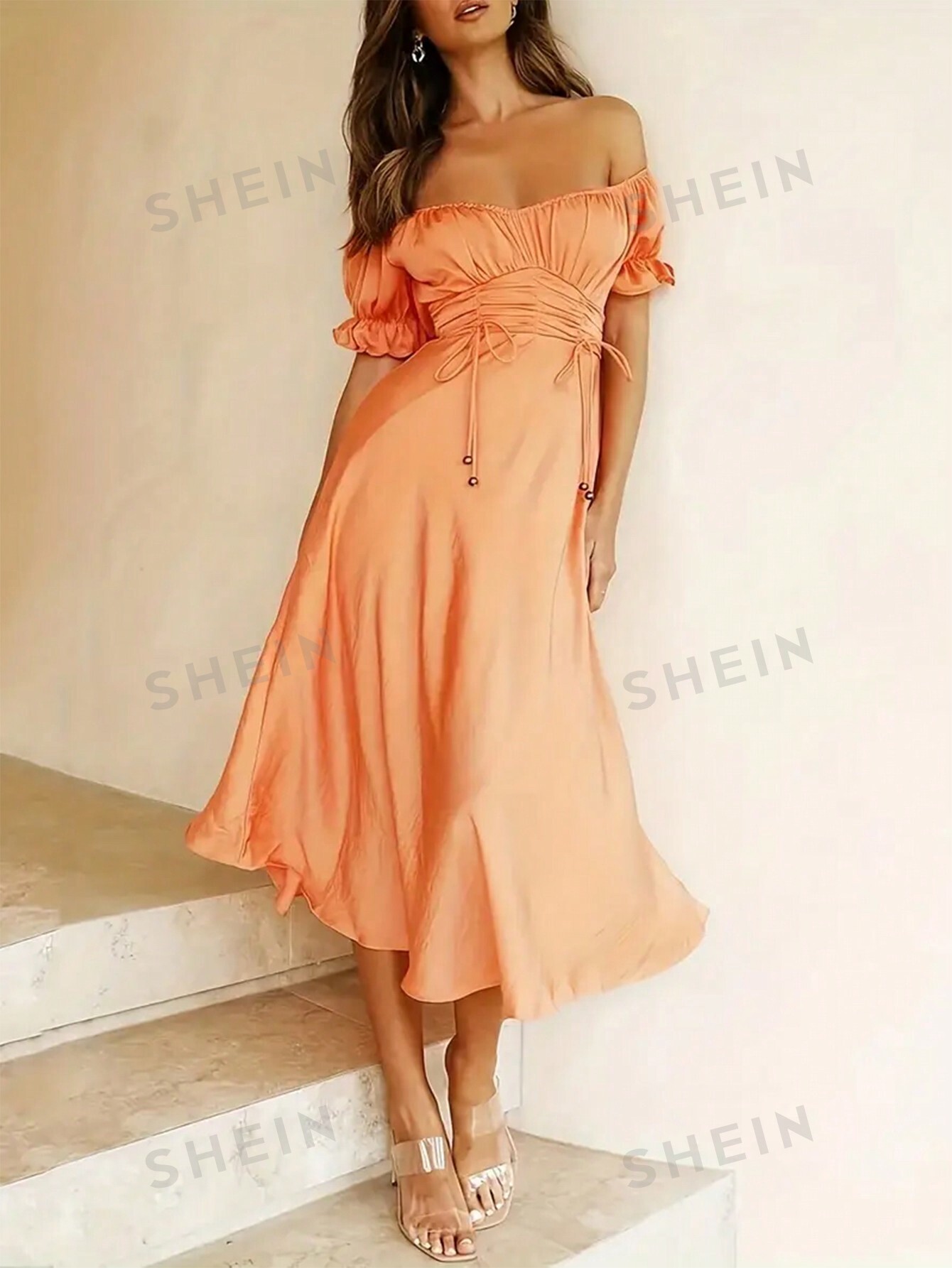 цена SHEIN Frenchy женское однотонное плиссированное платье с открытыми плечами и короткими рукавами, жженый апельсин