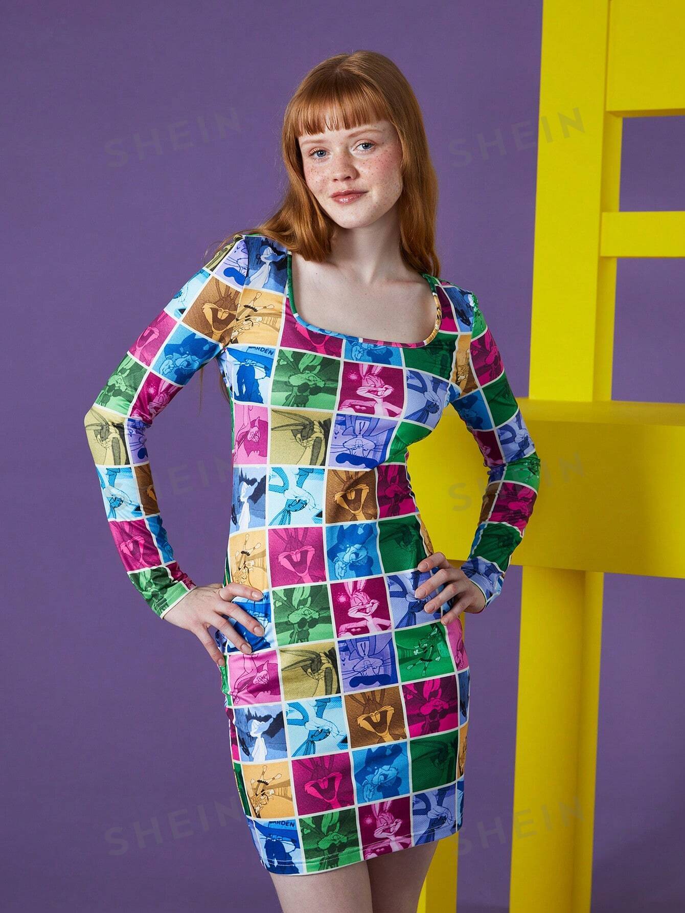 Облегающее платье с квадратным вырезом и мультяшным рисунком SHEIN, многоцветный цена и фото