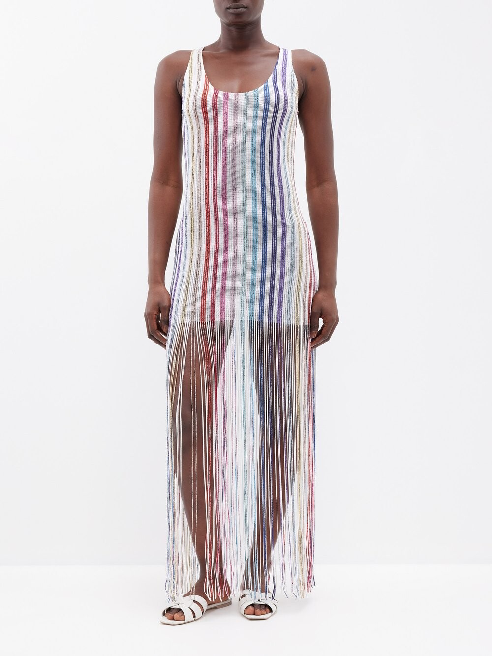 

Трикотажное платье мини в полоску с бахромой Missoni, мультиколор
