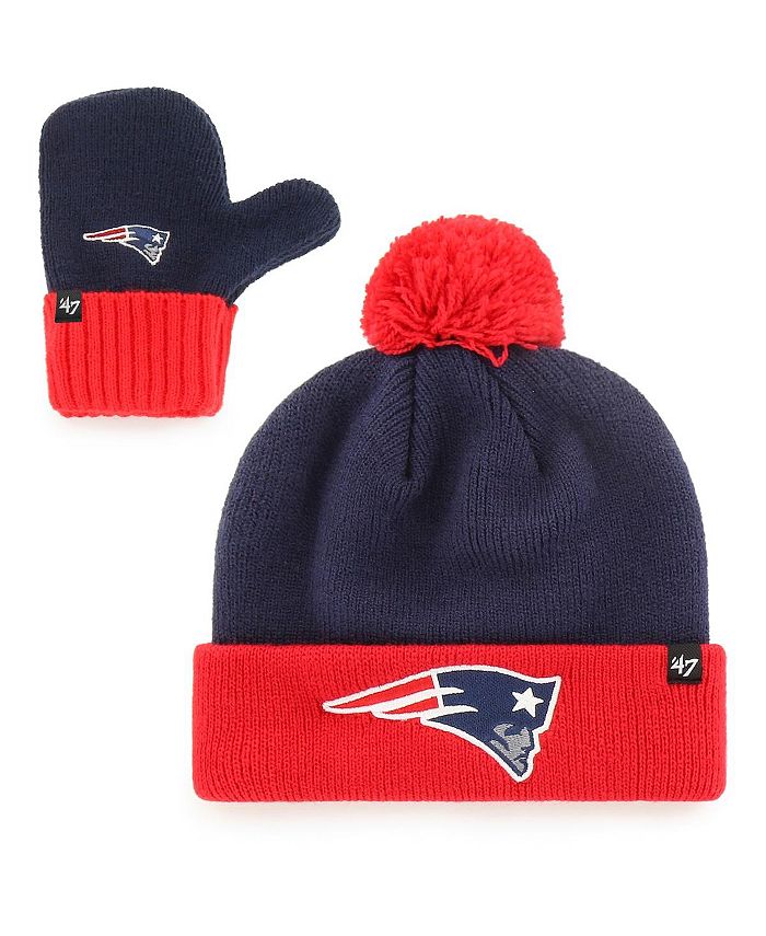 цена Вязаная шапка унисекс темно-синего и красного цвета New England Patriots Bam Bam с манжетами, комплект с помпоном и варежками '47 Brand, синий
