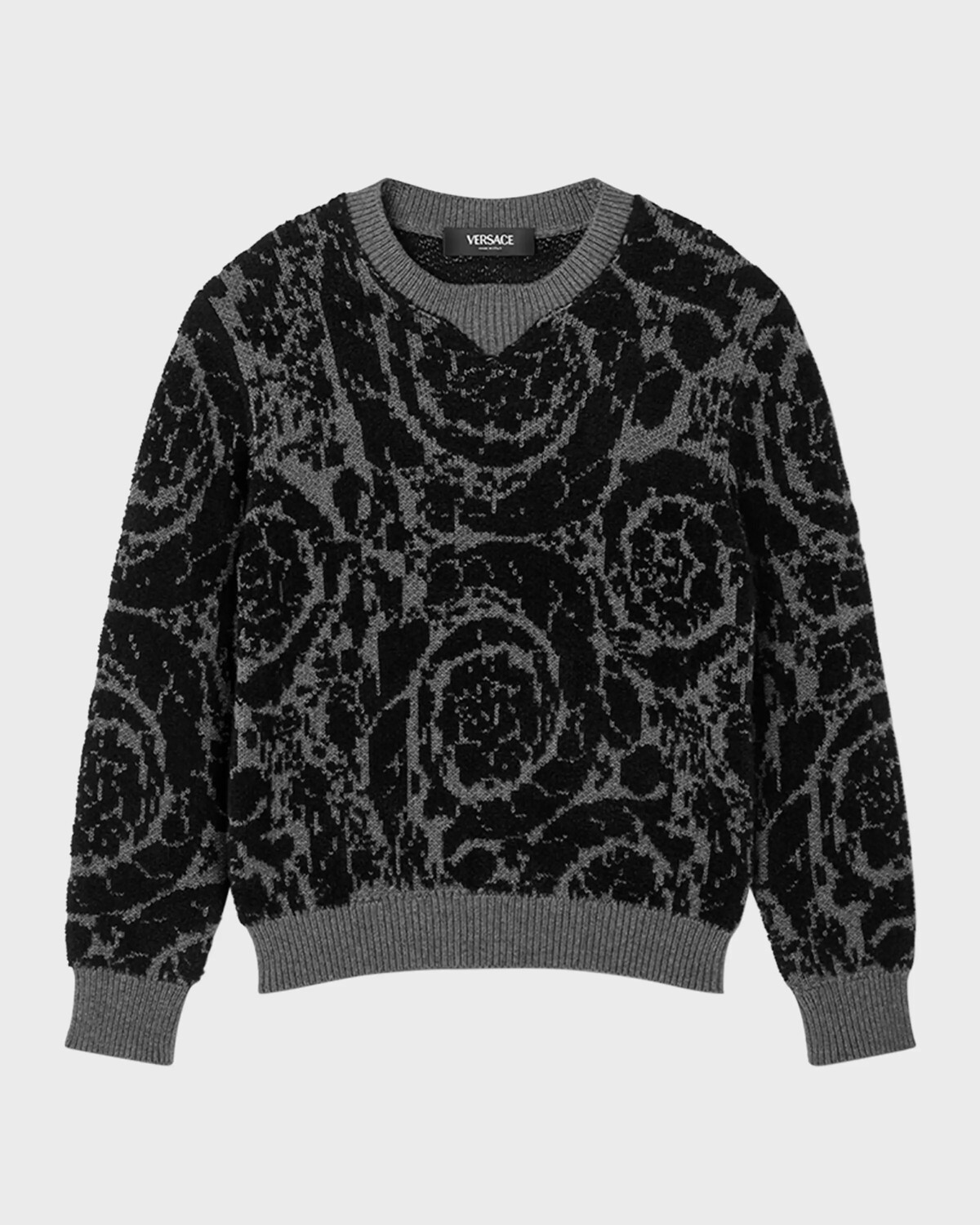 

Вязаный свитер с принтом Barocco для мальчика Versace, цвет Melange Gray/Black