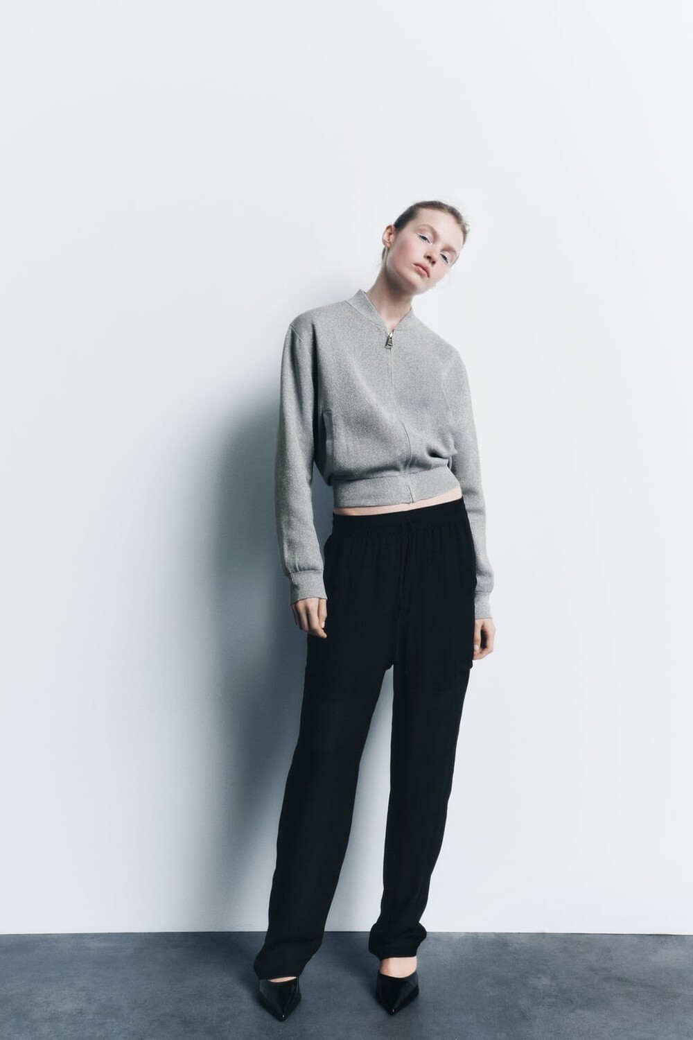 

Трикотажный кардиган-бомбер с металлической нитью ZARA, серебряный, Серый