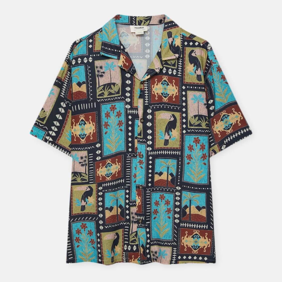 

Рубашка Pull&Bear Printed с коротким рукавом, синий/зеленый/красный