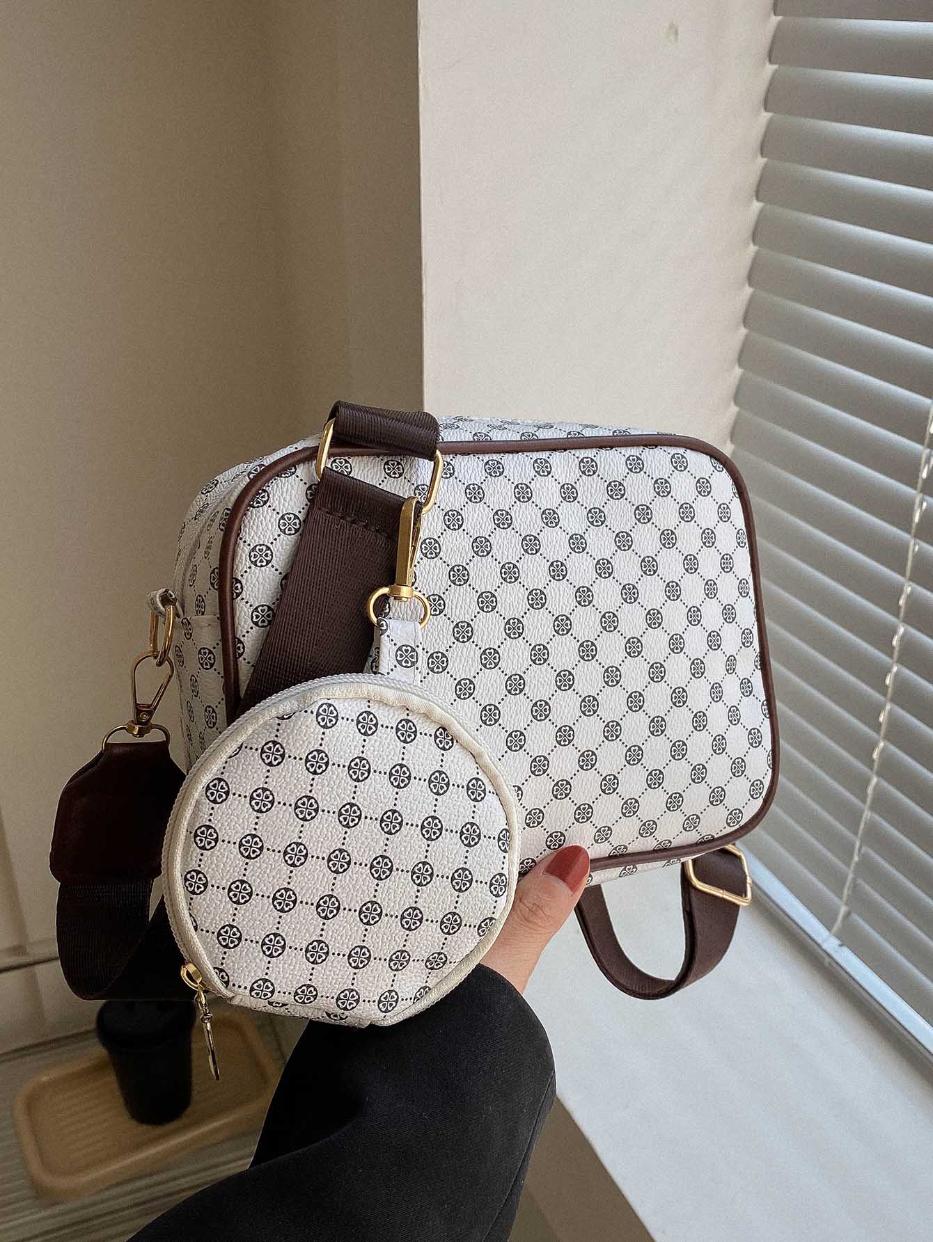 цена Мини-квадратная сумка с геометрическим узором и портмоне для монет Квадратная сумка в стиле ретро, белый