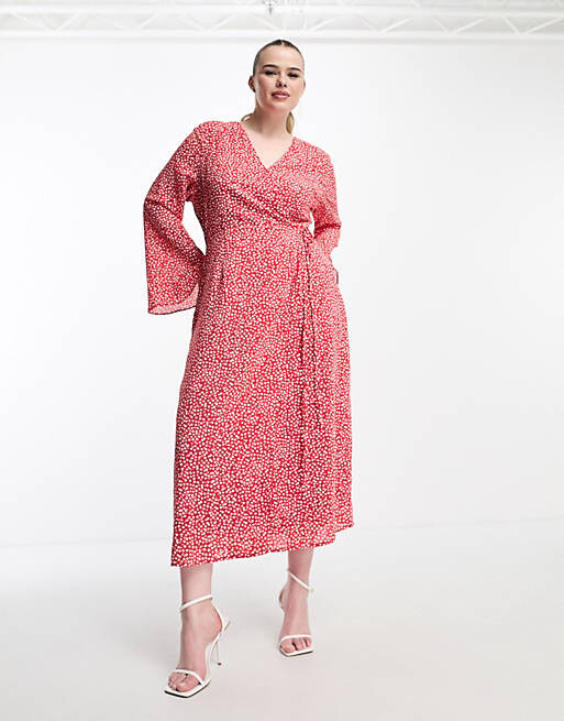 

Красное платье миди с запахом и рифлеными рукавами Glamorous Curve
