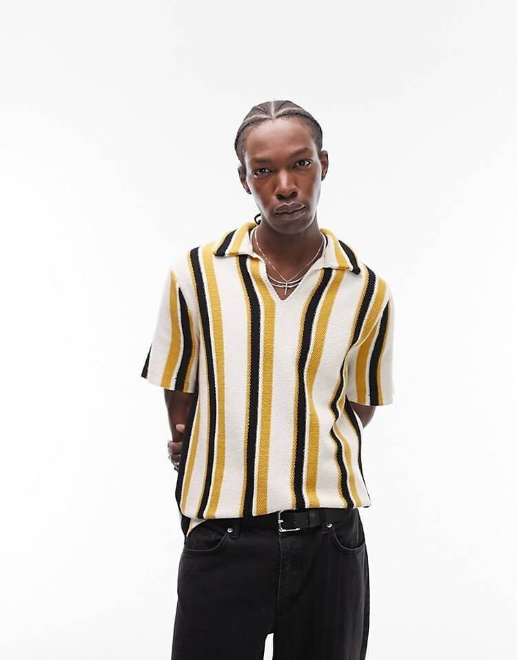 

Футболка Topman Knitted Revere Stripe Polo, черный/желтый