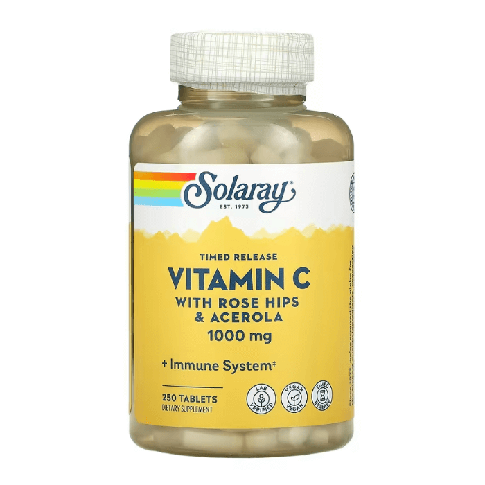 Витамин C шиповник и ацерола 1000 мг Solaray, 250 таблеток solaray витамин c с медленным высвобождением шиповник и ацерола 500 мг 250 растительных капсул