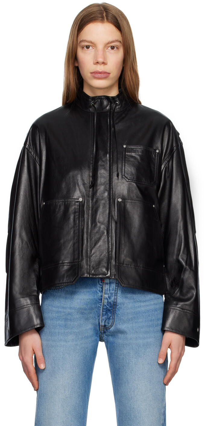 

Черная кожаная куртка с накладными карманами Helmut Lang, Черный