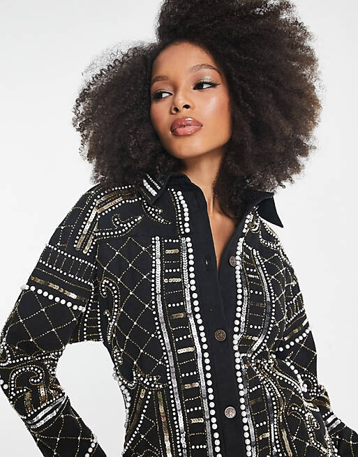 

Черное платье-рубашка из твила с жемчужной отделкой ASOS DESIGN